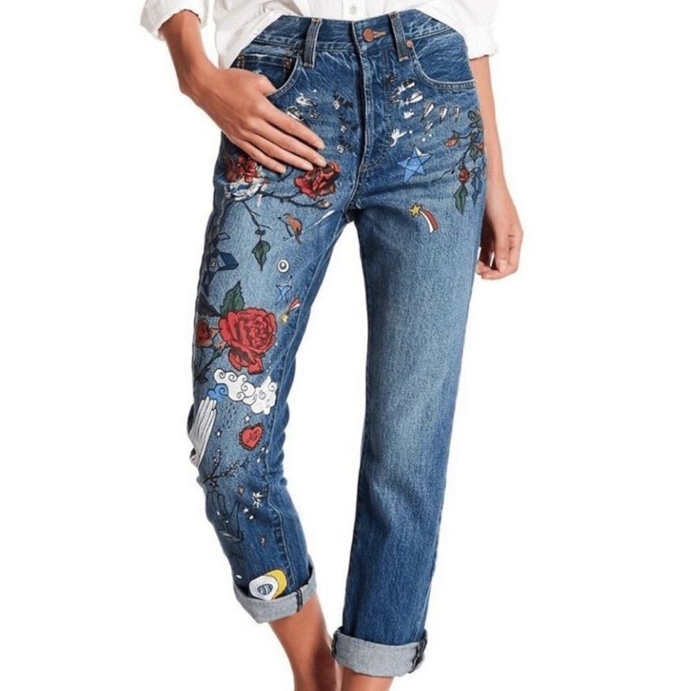 Alice + Olivia Blue Embroidered Ankle Jeans